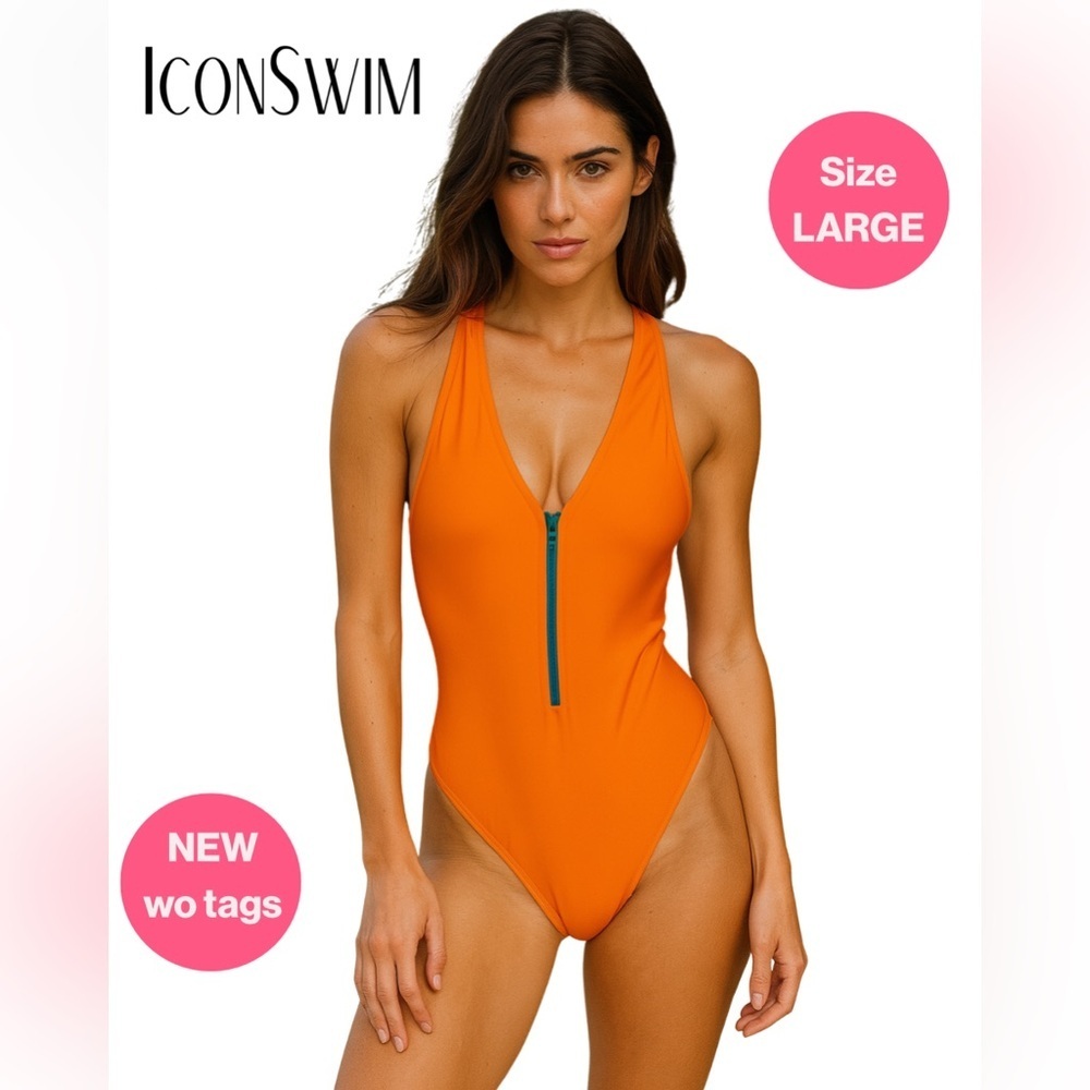 2/for $20 🪩 ICON SWIM Orange & Blue Zippered One Piece (Size Large) 💙
